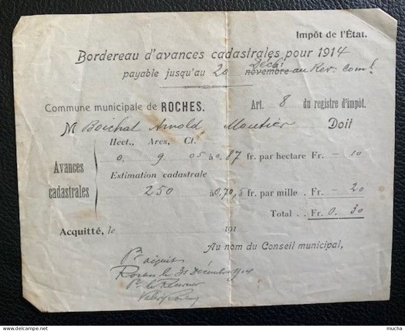 70100 - Bordereau D'avances Cadastrales Pour 1914 Commune De Roches - Suisse