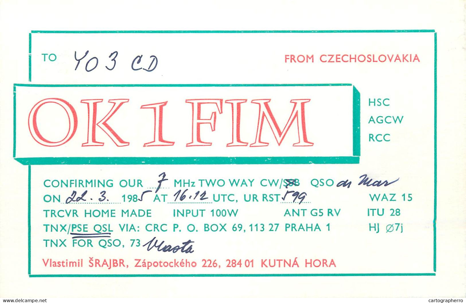 QSL Card Czechoslovakia Radio Amateur Station OK1FIM Y03CD Kutna Hora - Radio Amateur