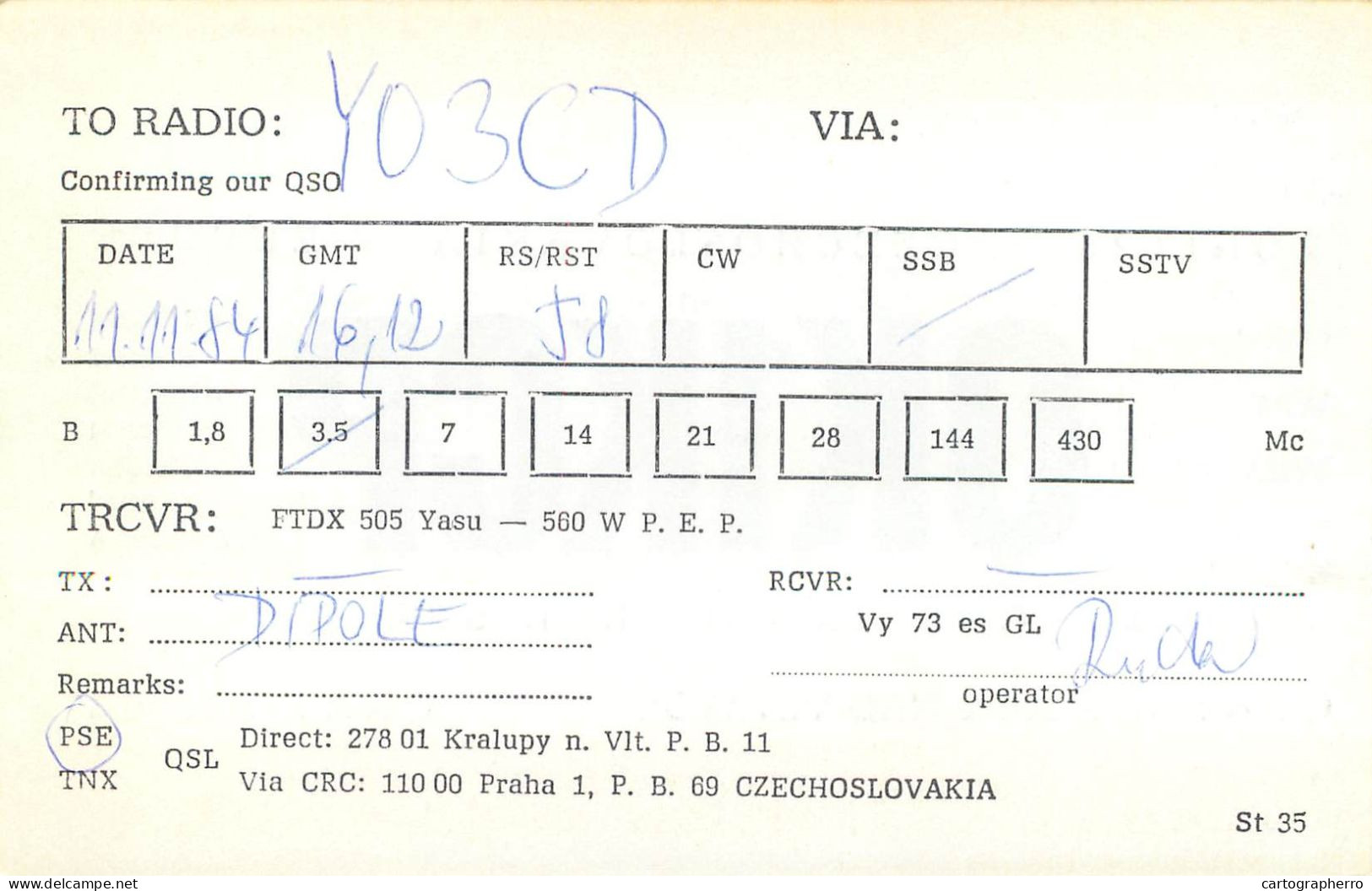 QSL Card Czechoslovakia Radio Amateur Station OK1KCP Y03CD Kralupy - Radio Amateur