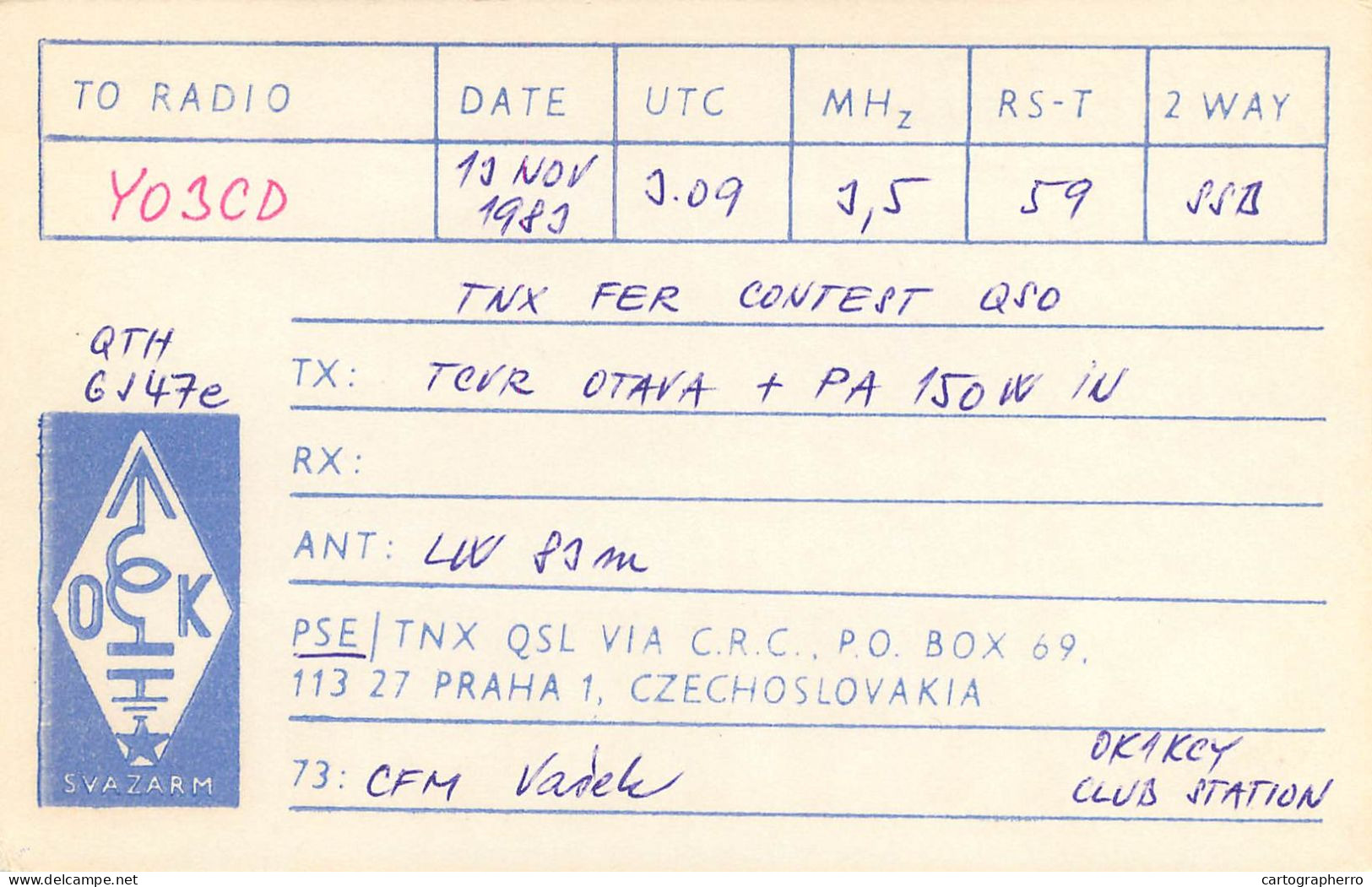 QSL Card Czechoslovakia Radio Amateur Station OK1KCY Y03CD Klatovy - Radio Amateur