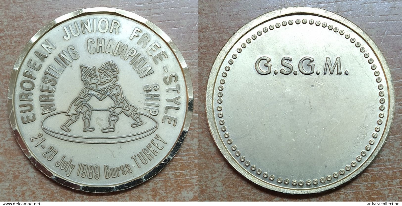 AC - EUROPEAN JUNIOR FREE STYLE WRESTLING CHAMPIONSHIPS  21 - 23 JULY 1989  BURSA TURKEY  BRASS MEDAL MEDALLION - Apparel, Souvenirs & Other