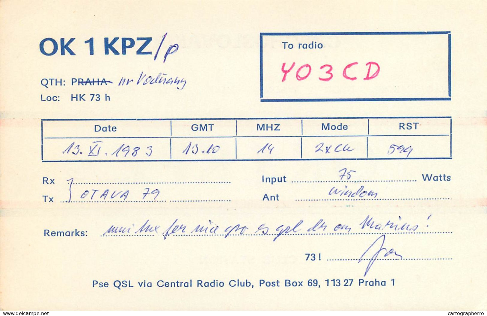 QSL Card Czechoslovakia Radio Amateur Station OK1KPZ Y03CD - Radio Amateur