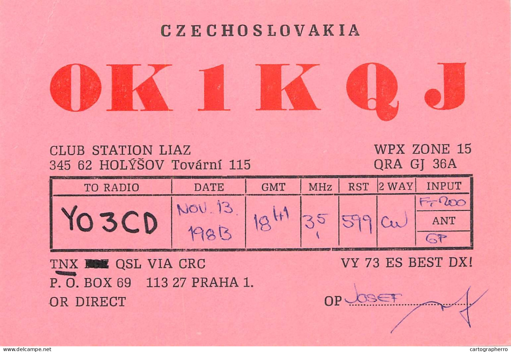 QSL Card Czechoslovakia Radio Amateur Station OK1KQJ Y03CD Josef - Radio Amateur