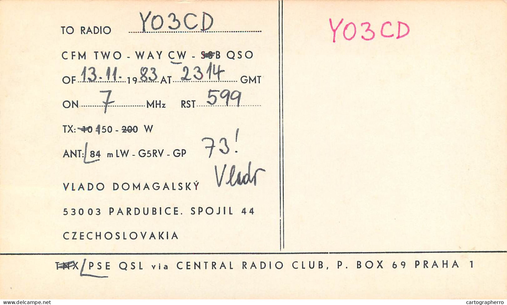 QSL Card Czechoslovakia Radio Amateur Station OK1AFC Y03CD Vlado Domagalsky - Radio Amateur