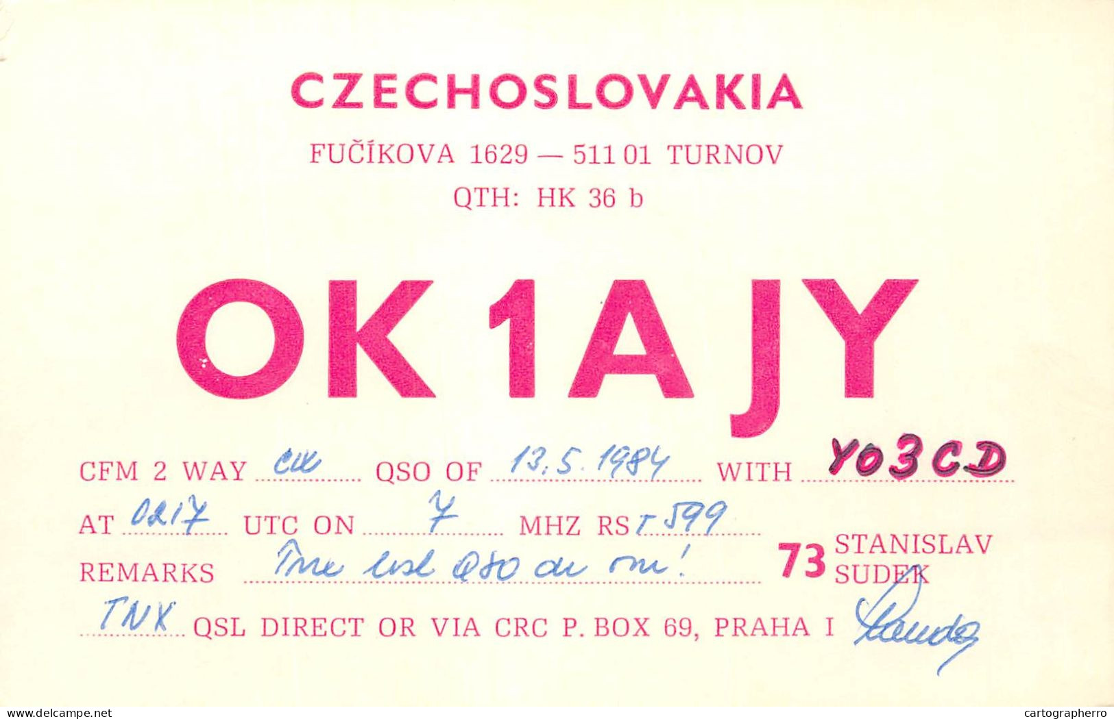 QSL Card Czechoslovakia Radio Amateur Station OK1AJY Y03CD Stanislav Sudek 1983 - Radio Amatoriale