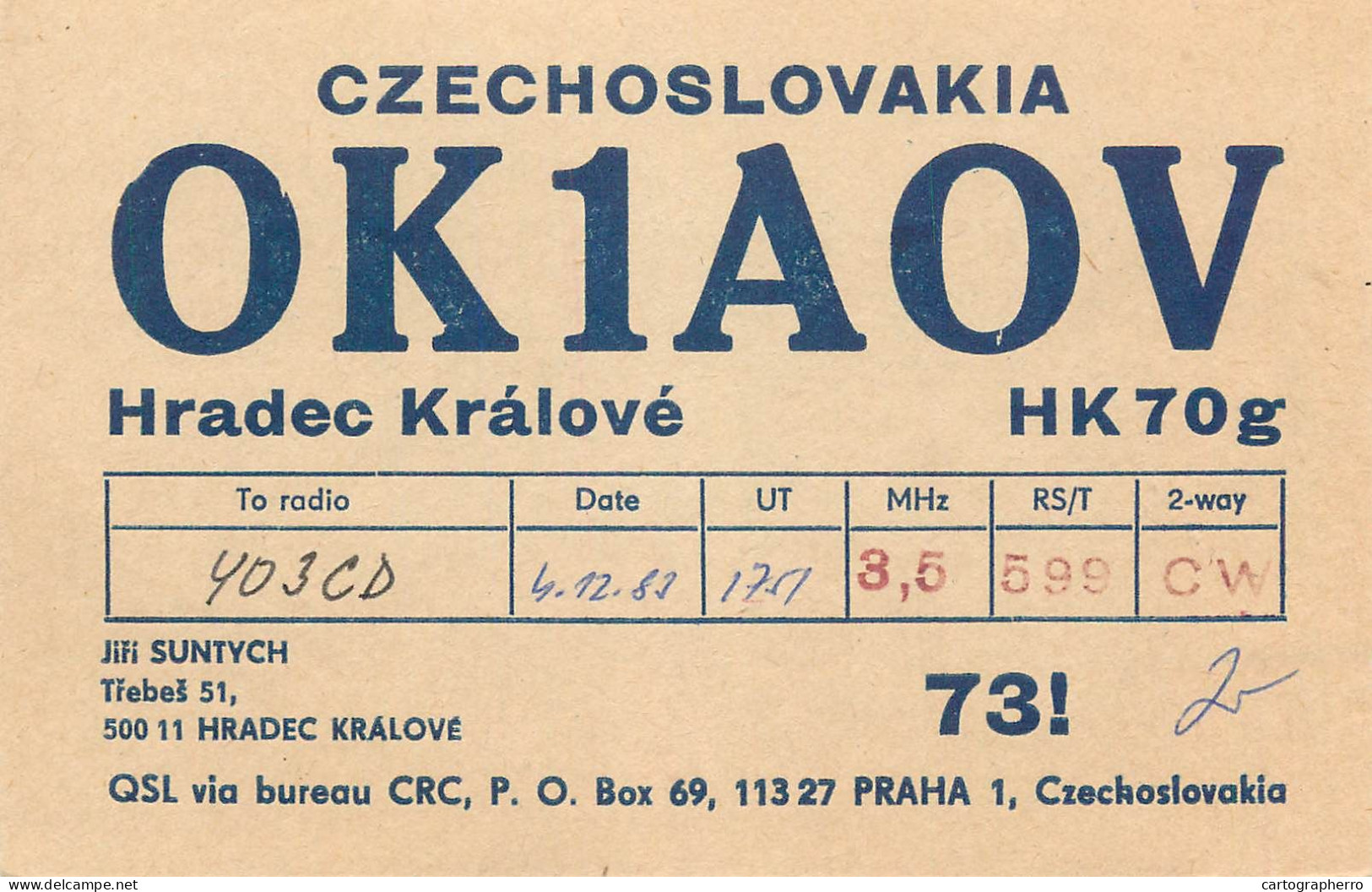 QSL Card Czechoslovakia Radio Amateur Station OK1AOV Y03CD Jifi Suntych - Radio Amateur