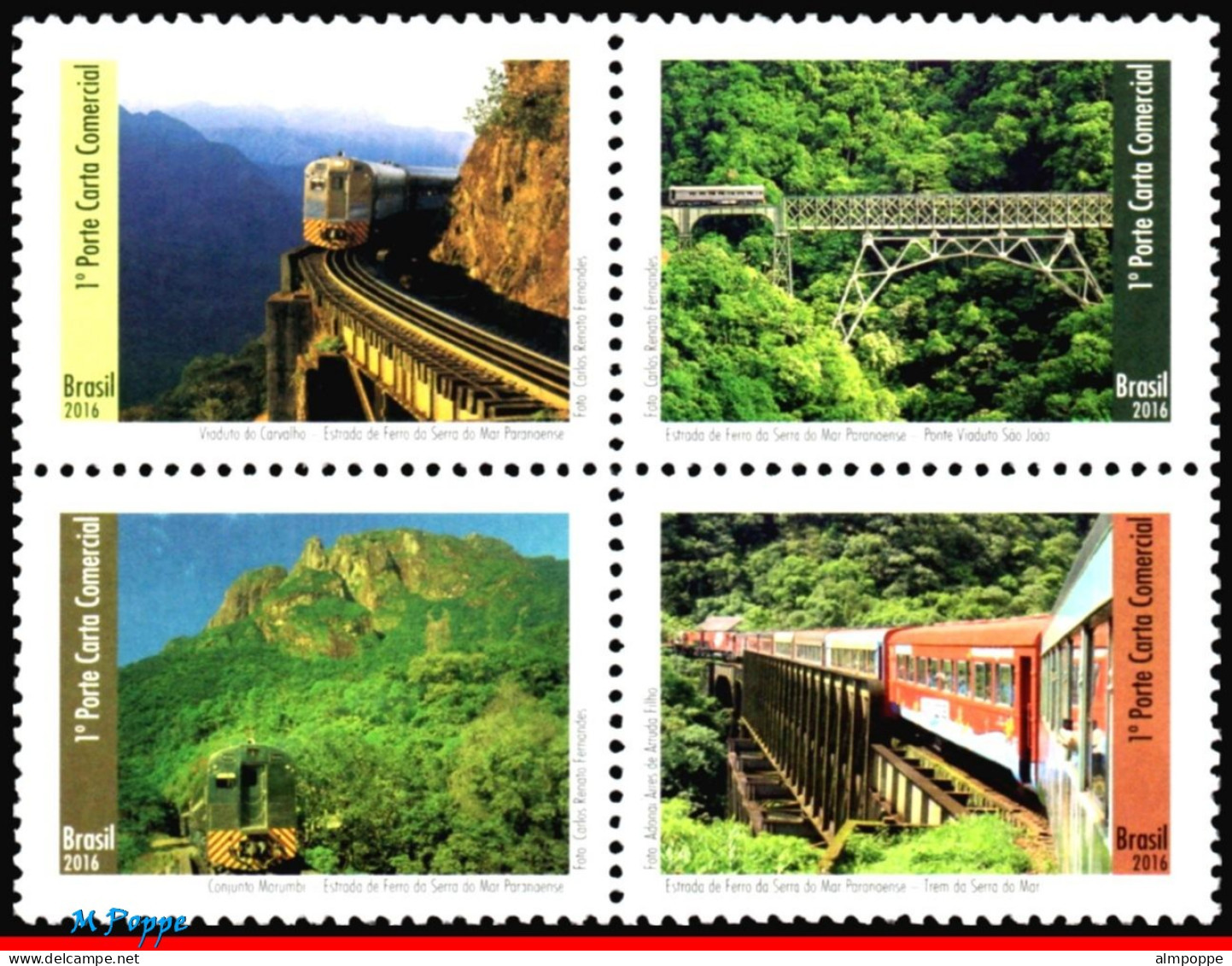 Ref. BR-V2016-12 BRAZIL 2016 - SERRA DO MAR PARANAENSE RAILWAY, BRIDGES, RAILWAYS, TRAINS 4V SET MNH - Unused Stamps