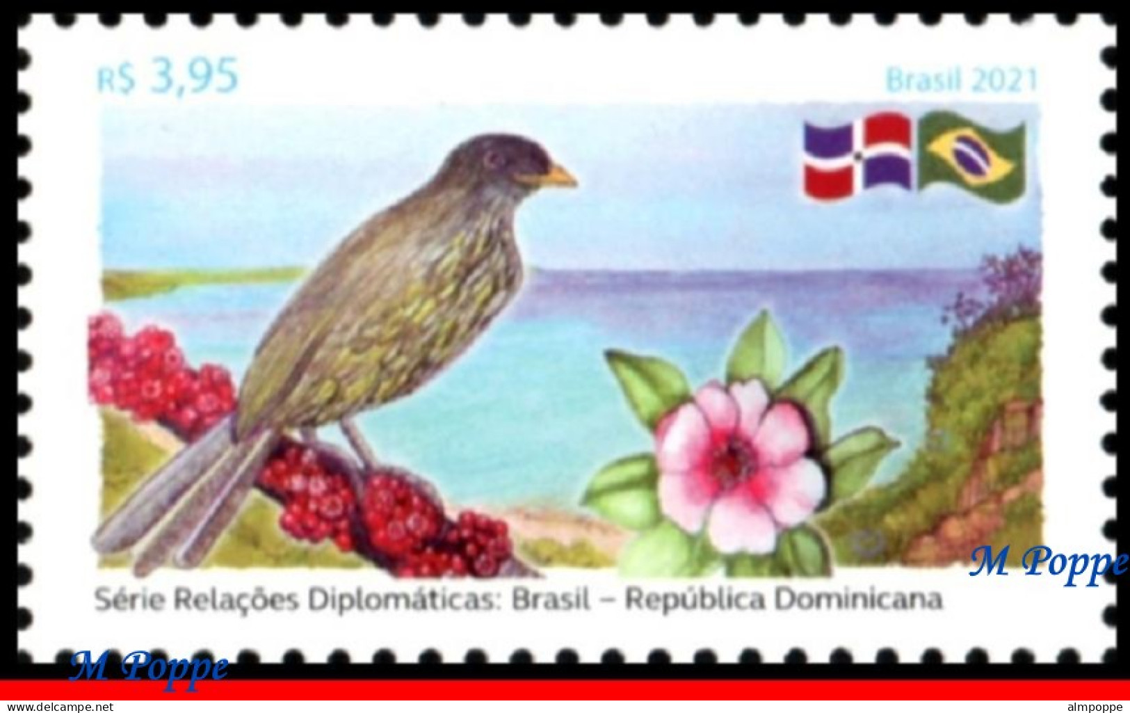 Ref. BR-V2021-03 BRAZIL 2021 - WITH DOMINICAN REPUBLIC,BIRDS, FLOWERS, BEACH, MNH, RELATIONSHIP 1V - Songbirds & Tree Dwellers