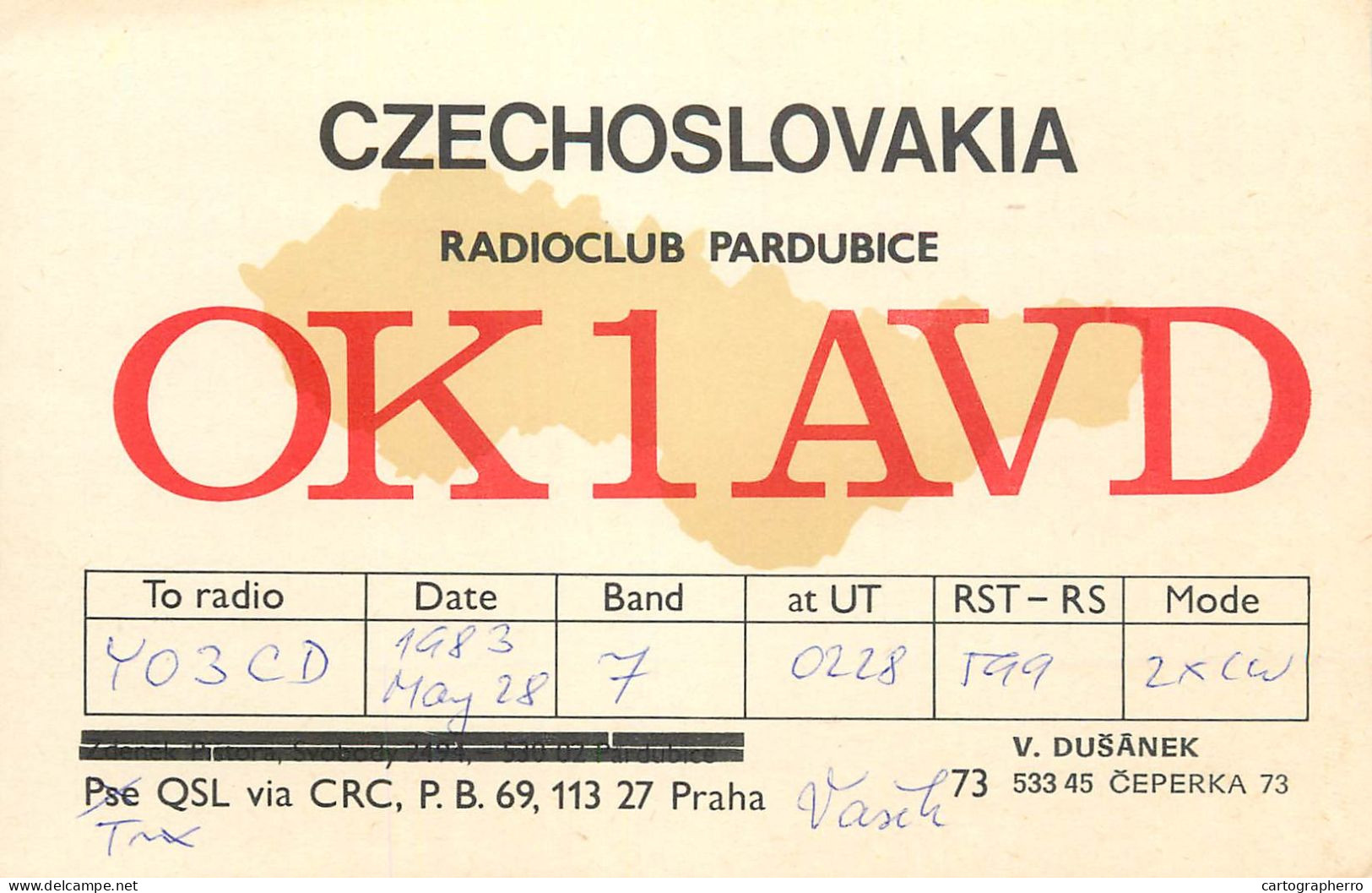 QSL Card Czechoslovakia Radio Amateur Station OK1AVD Y03CD V. Dusanek - Radio Amatoriale