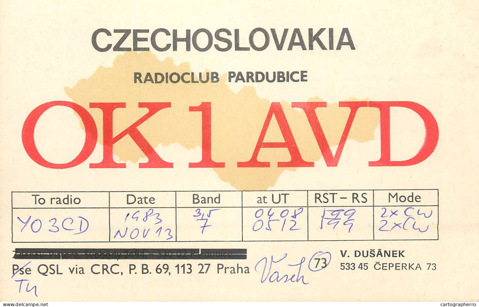 QSL Card Czechoslovakia Radio Amateur Station OK1AVD Y03CD V. Dusanek - Radio Amateur