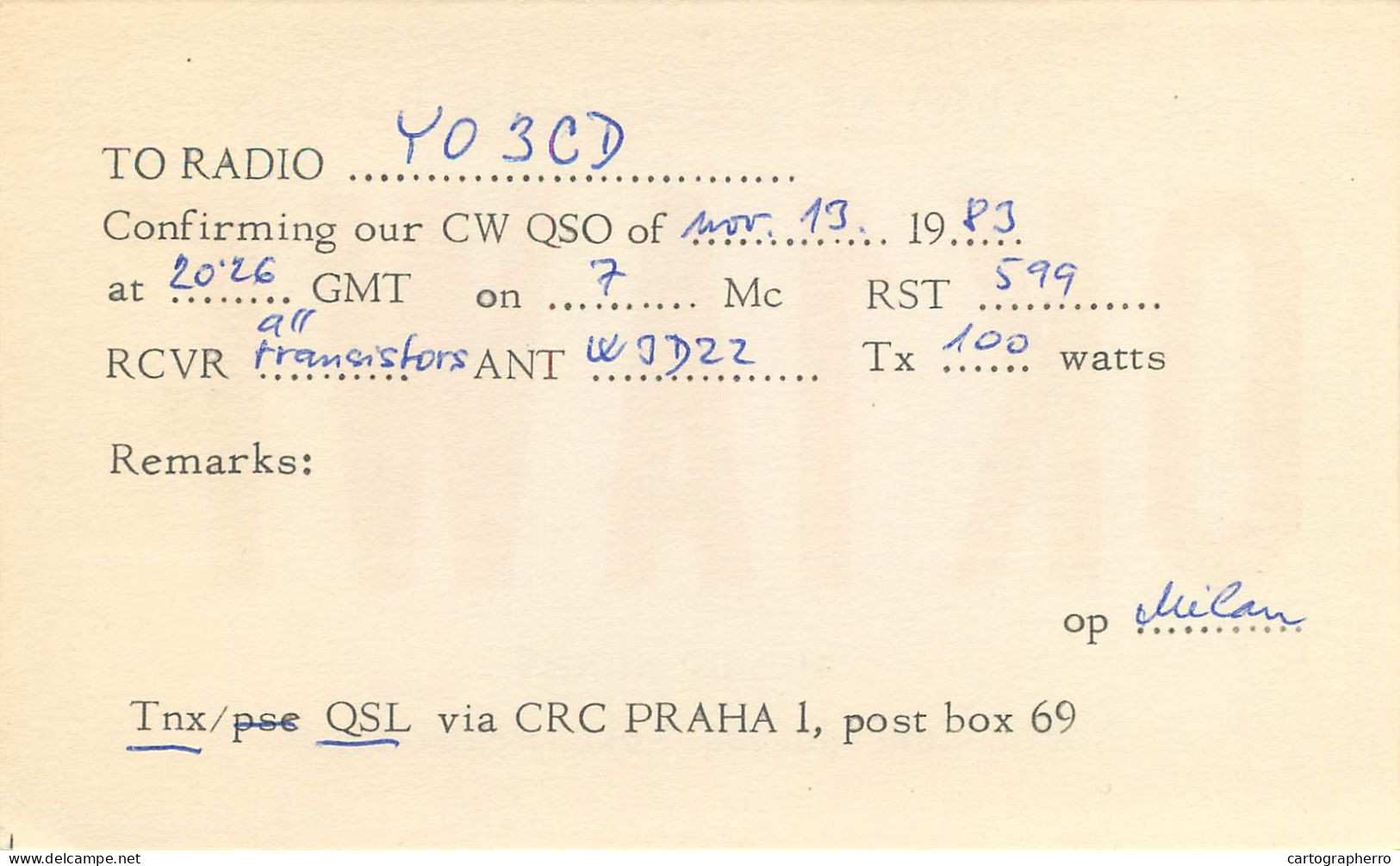 QSL Card Czechoslovakia Radio Amateur Station OK1AWF Y03CD Milan Slaby - Radio Amateur