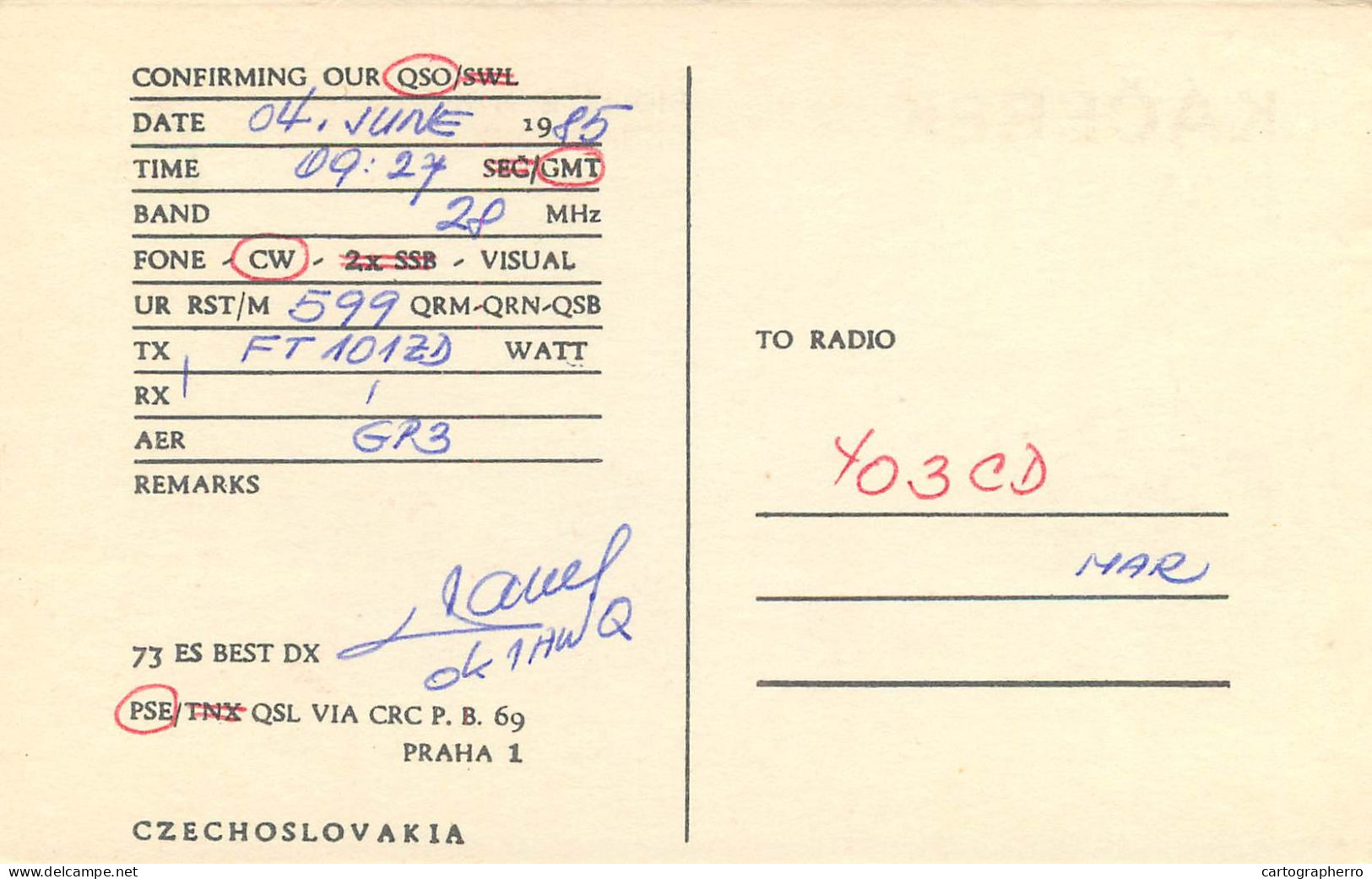 QSL Card Czechoslovakia Radio Amateur Station OK1AWO Y03CD Mar - Radio Amateur