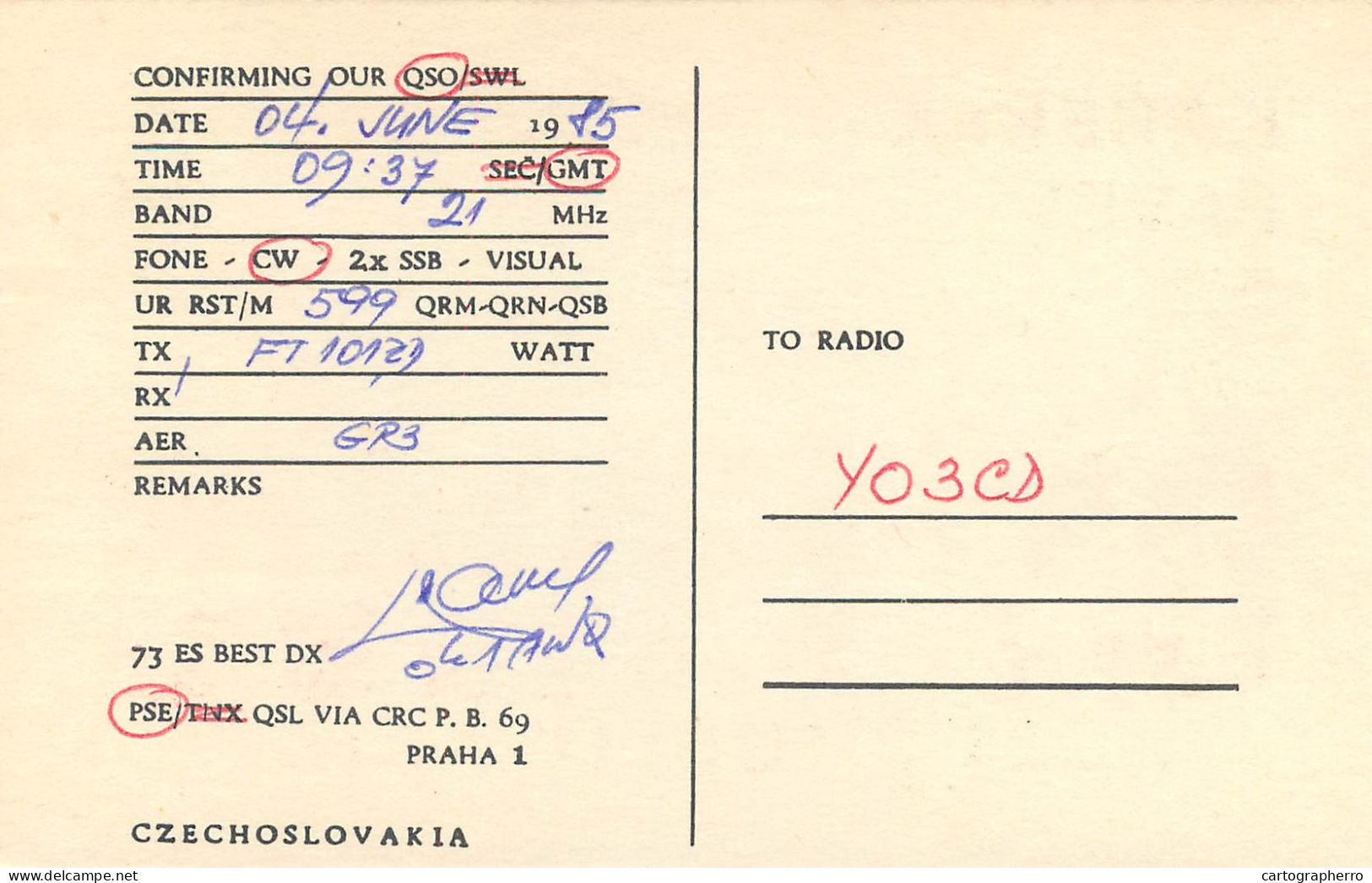 QSL Card Czechoslovakia Radio Amateur Station OK1AWO Y03CD - Radio Amateur