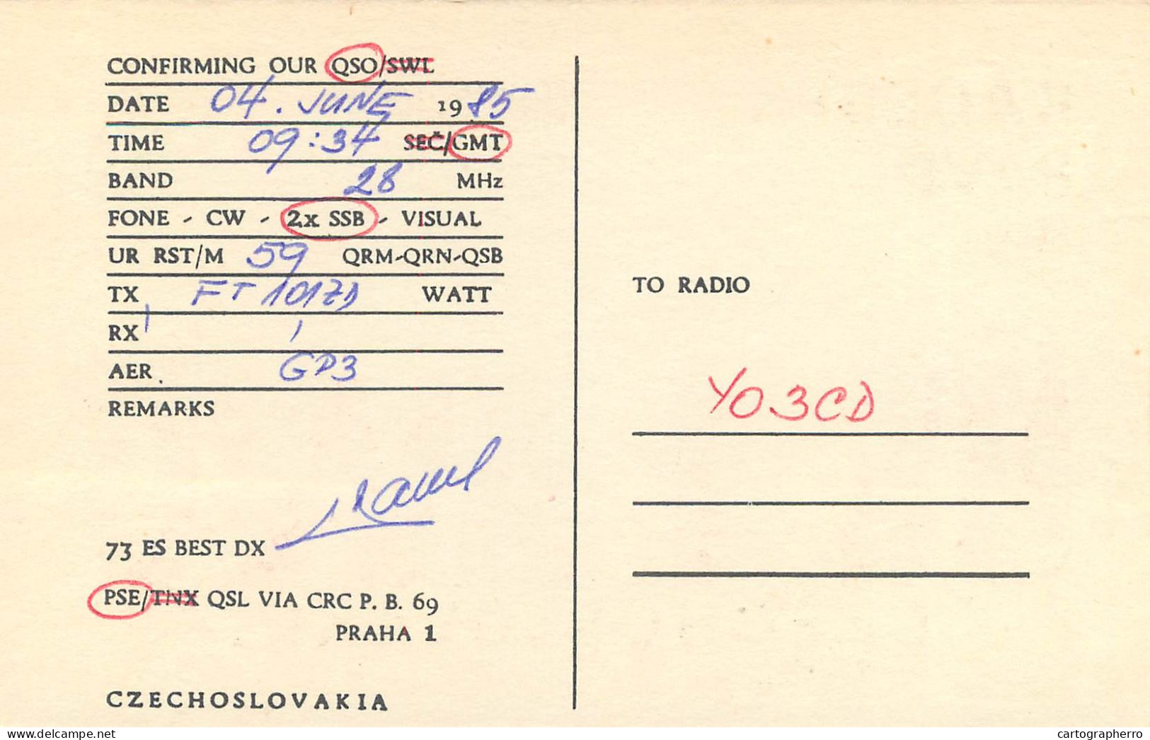 QSL Card Czechoslovakia Radio Amateur Station OK1AWO Y03CD - Radio Amateur