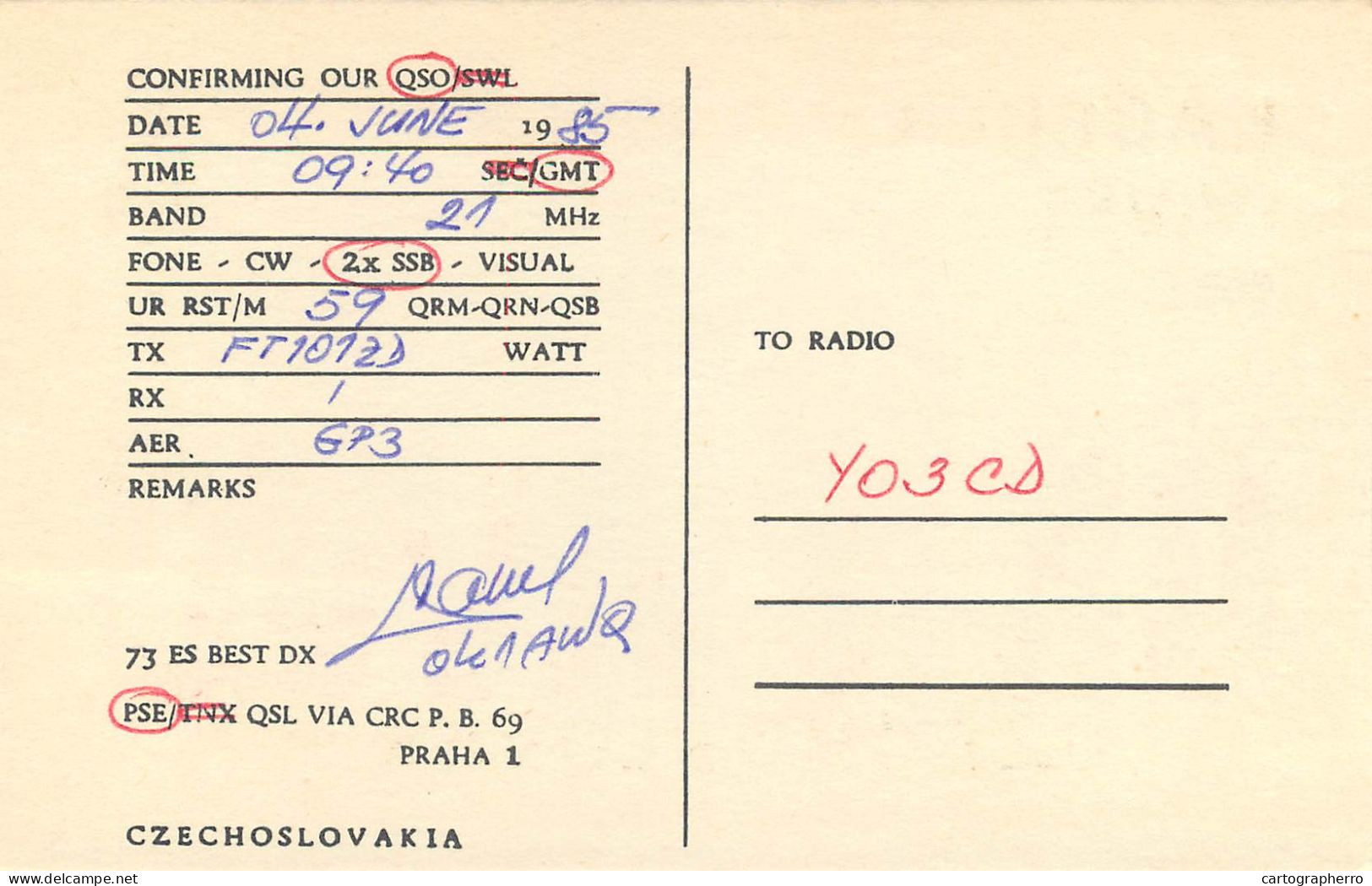 QSL Card Czechoslovakia Radio Amateur Station OK1AWQ Y03CD - Radio Amateur