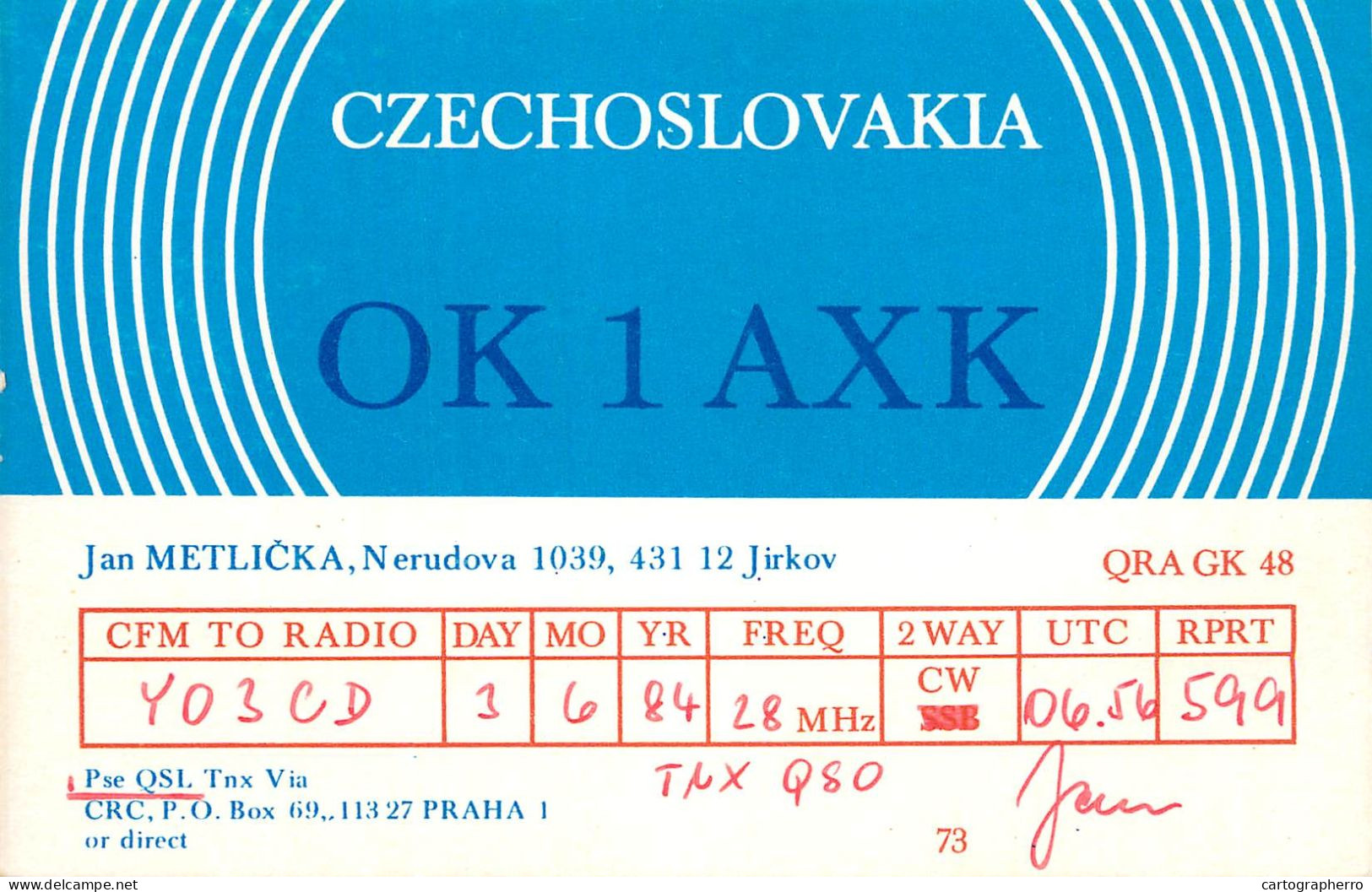 QSL Card Czechoslovakia Radio Amateur Station OK1AKX Y03CD Jan - Radio Amateur