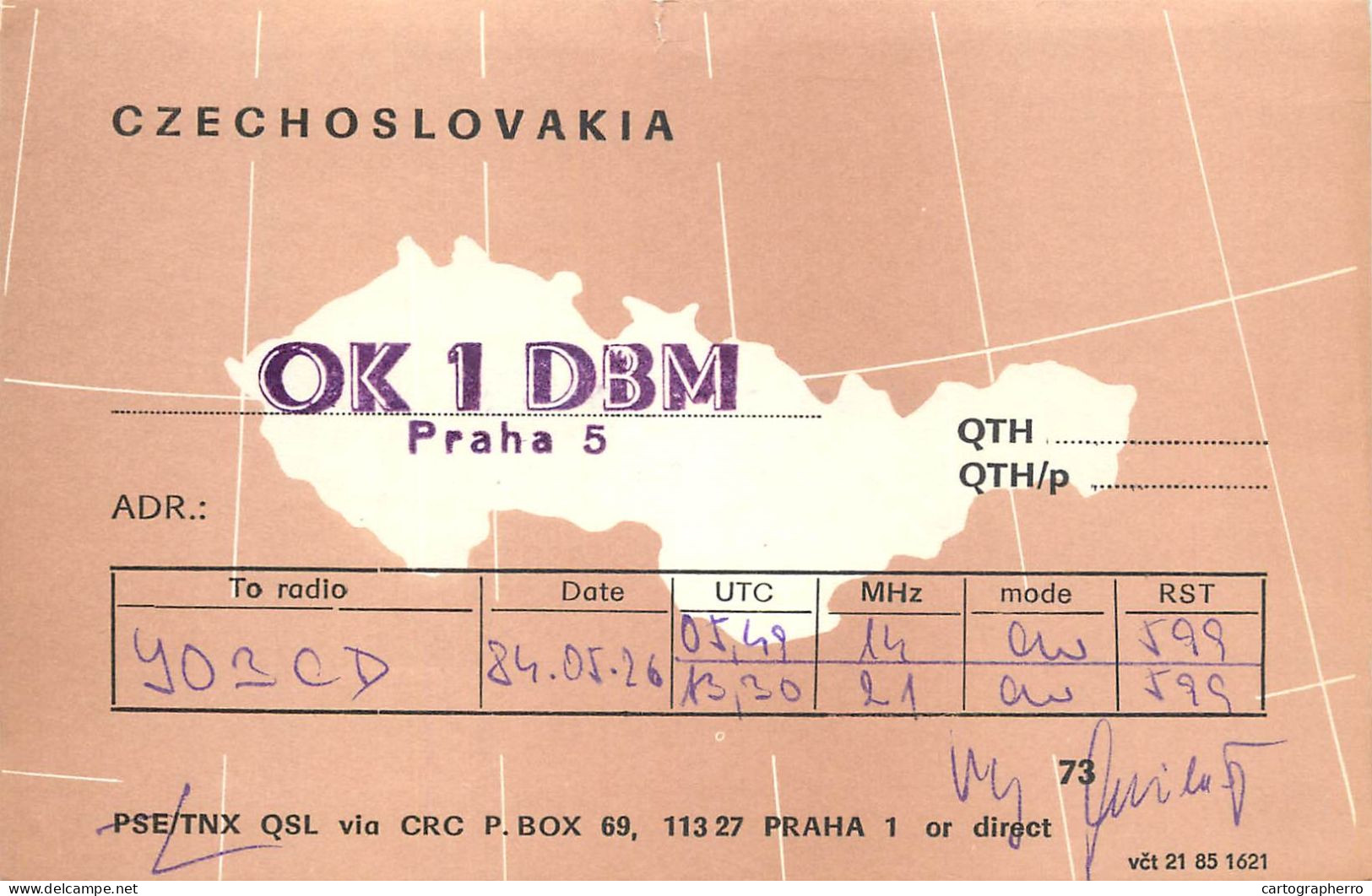 QSL Card Czechoslovakia Radio Amateur Station OK1DBM Y03CD 1984 - Radio Amateur