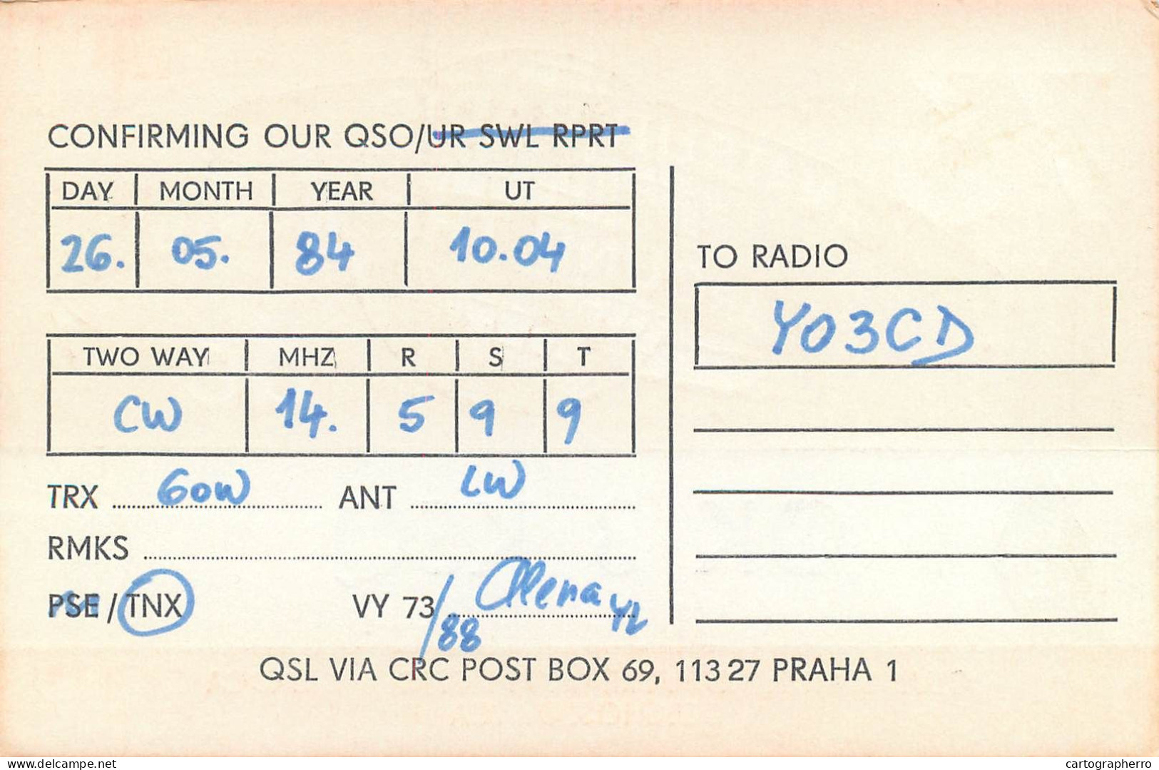 QSL Card Czechoslovakia Radio Amateur Station OK3KSQ Y03CD 1984 Ollena - Radio Amateur