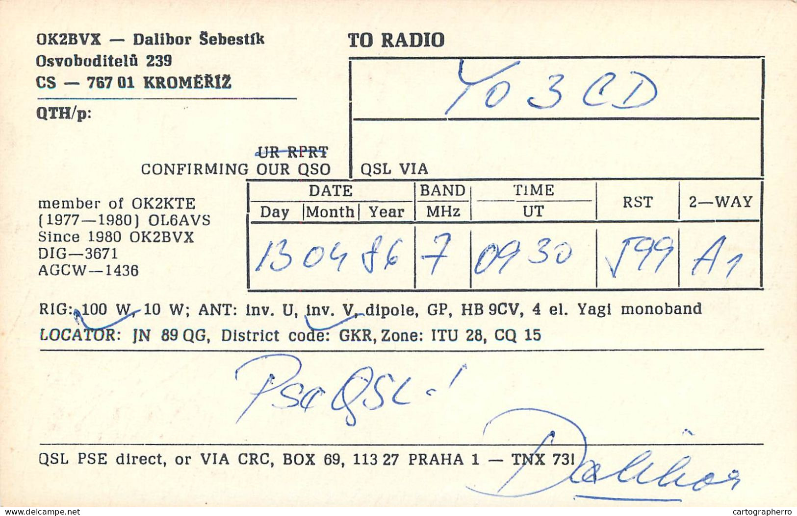 QSL Card Czechoslovakia Radio Amateur Station OK2BVX Y03CD 1984 Dalibor Sebestik - Radio Amateur