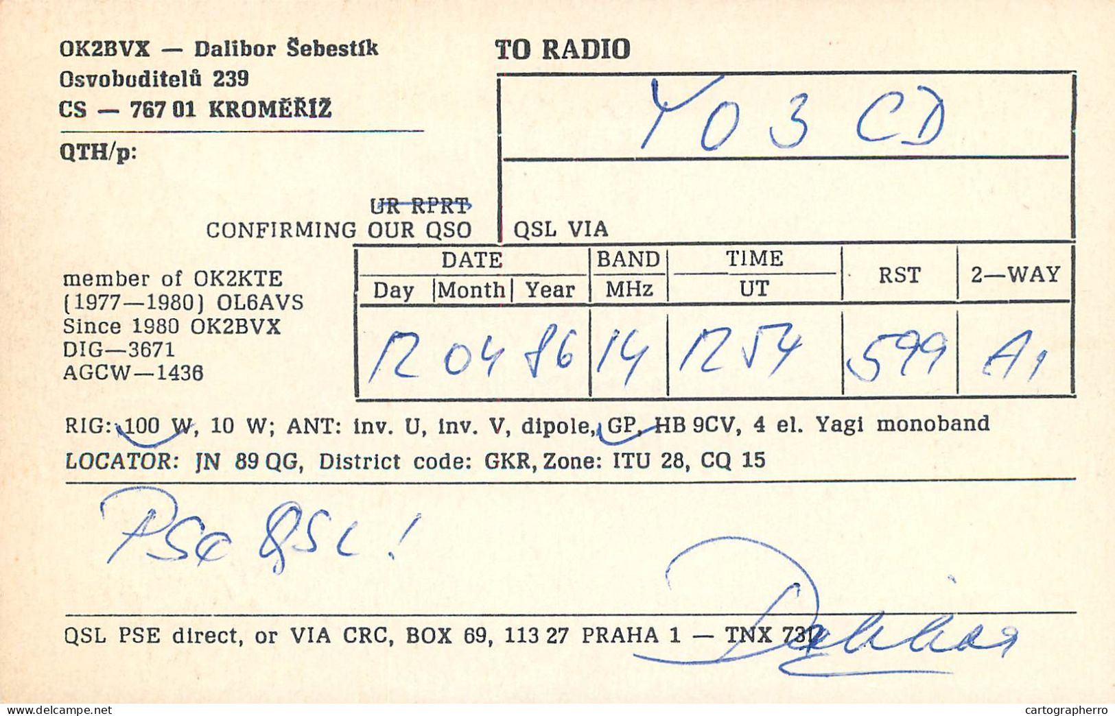 QSL Card Czechoslovakia Radio Amateur Station OK2BVX Y03CD 1984 Dalibor Sebestik - Radio Amateur