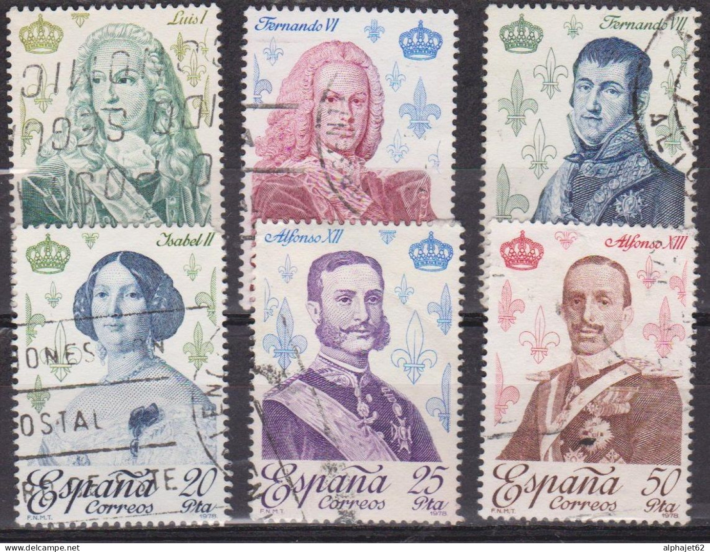 Rois, Reines - ESPAGNE - Louis 1°, Ferdinand VI, Alphonse XII, Alphonse XIII  - N° 2140-2141-2144-2145-2146-2147 - 1978 - Oblitérés