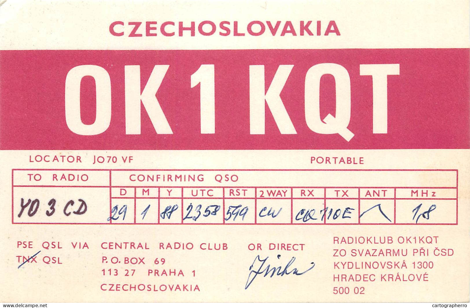 QSL Card Czechoslovakia Radio Amateur Station OK1KQT Y03CD 1988 Jinka - Radio Amateur