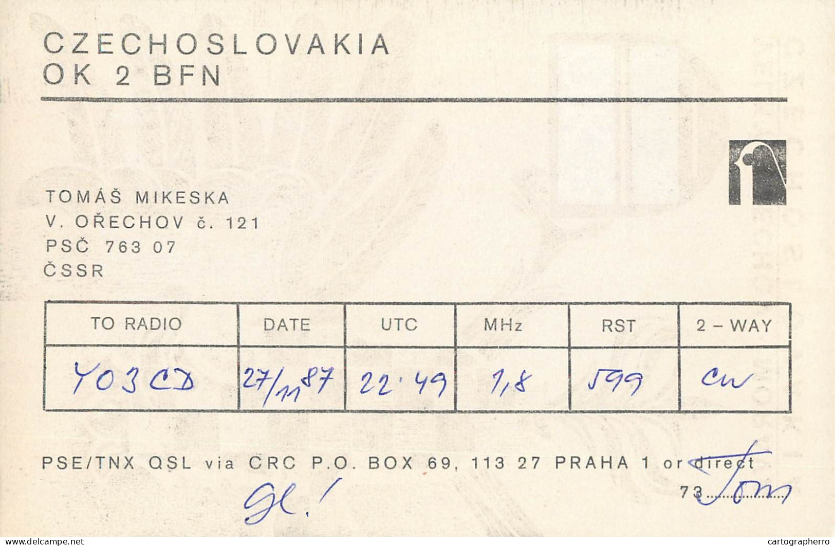 QSL Card Czechoslovakia Radio Amateur Station OK2BFN Y03CD 1987 Tomas Mikeska - Radio Amateur