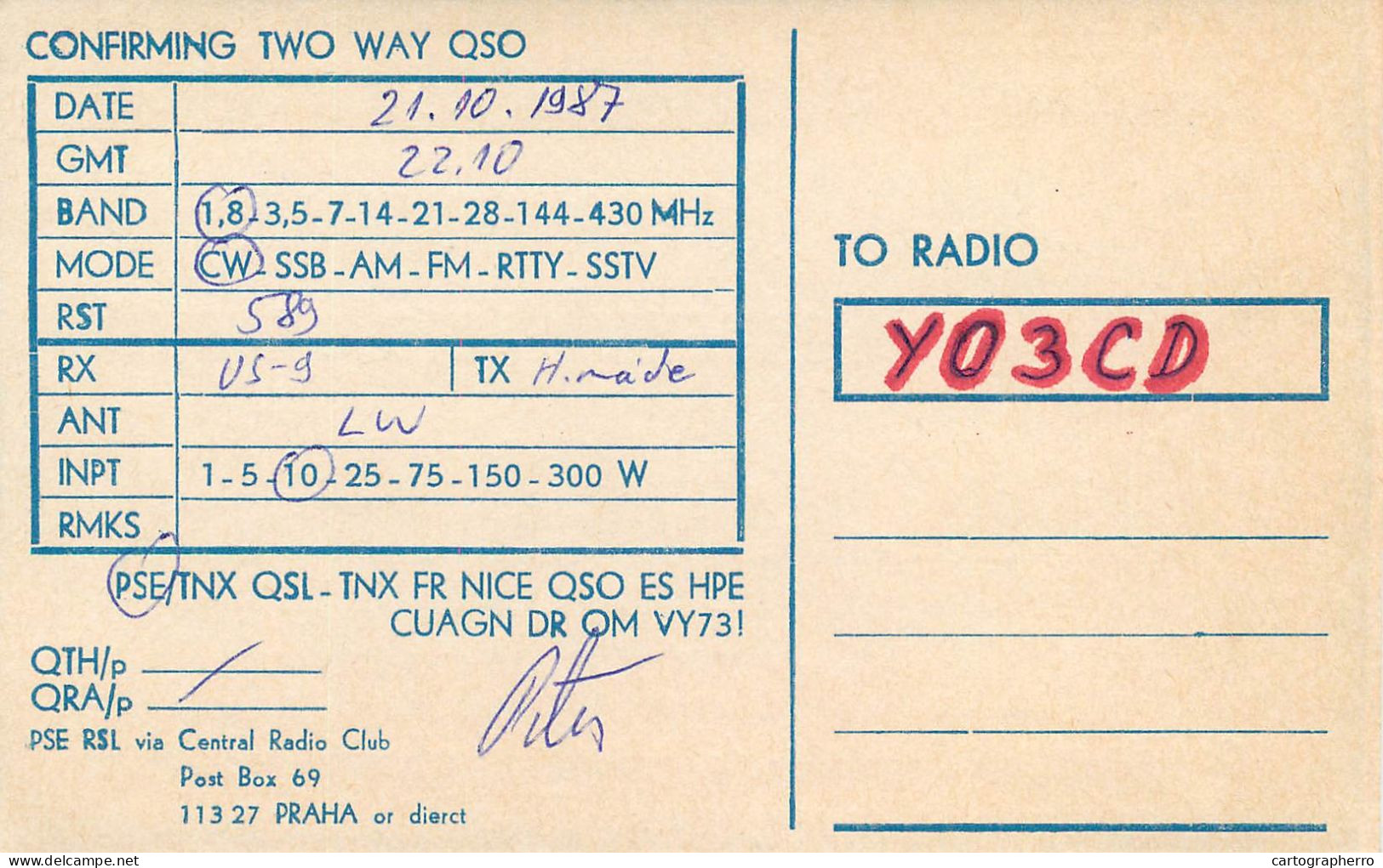 QSL Card Czechoslovakia Radio Amateur Station OK3CPS Y03CD 1987 - Radio Amateur