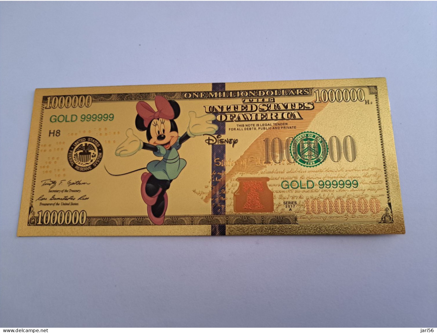 BANKNOTE / GOLDFOIL BILJET /DISNEY /ONE MILION DOLLARS/ MINNIE  MOUSE   / SOUVENIR BILJET / UNC ** Goldfoil 031 ** - Altri & Non Classificati