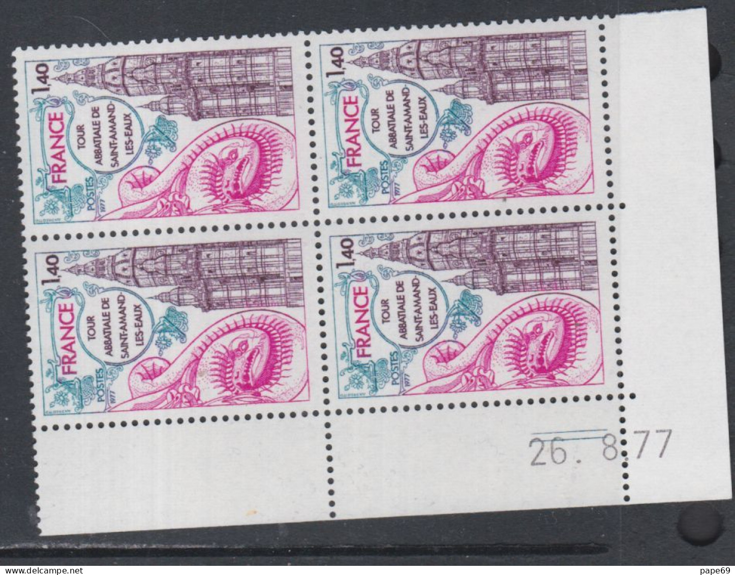 France N° 1948 XX Saint-Amand Les Eaux En Bloc De 4 Coin Daté Du 26 . 8 . 77 ; 2 Traits Sans Charnière, TB - 1970-1979