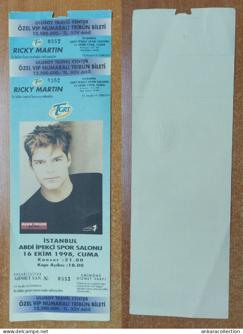 AC - RICKY MARTIN  16 OCTOBER 1998 FRIDAY  ISTANBUL TURKEY CONCERT TICKET WITH COUNTERFOIL - Konzertkarten