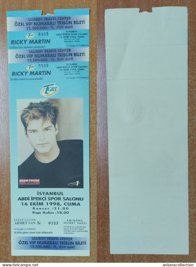 AC - RICKY MARTIN  16 OCTOBER 1998 FRIDAY  ISTANBUL TURKEY CONCERT TICKET WITH COUNTERFOIL - Entradas A Conciertos