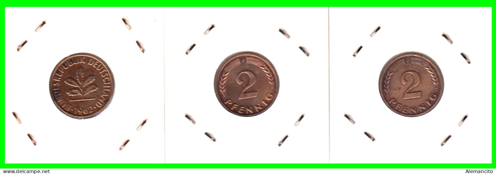 ALEMANIA – GERMANY - ( REPUBLICA FEDERAL ) 3 MONEDAS DE 2.- PFENNING . AÑO 1962  CECAS D-F-G.KM-106 - 2 Pfennig