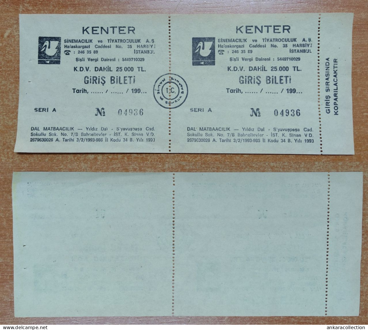 AC - KENTER  CINEMA & THEATER TICKET  1993  ISTANBUL TURKEY CONCERT TICKET WITH COUNTERFOIL - Concert Tickets