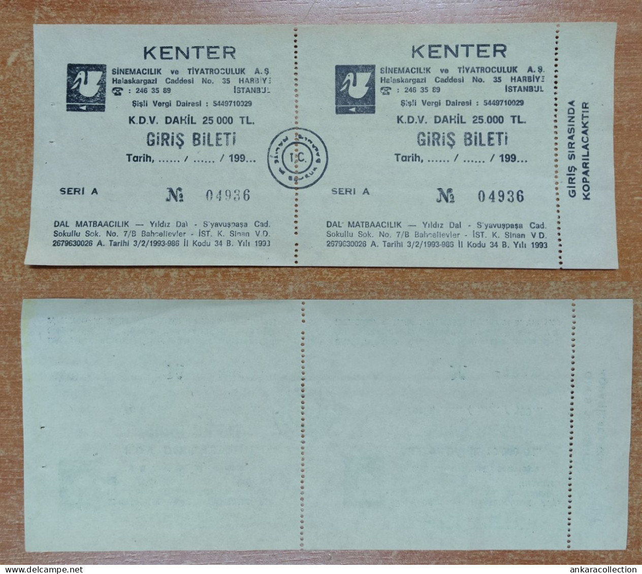 AC - KENTER  CINEMA & THEATER TICKET  1993  ISTANBUL TURKEY CONCERT TICKET WITH COUNTERFOIL - Tickets De Concerts