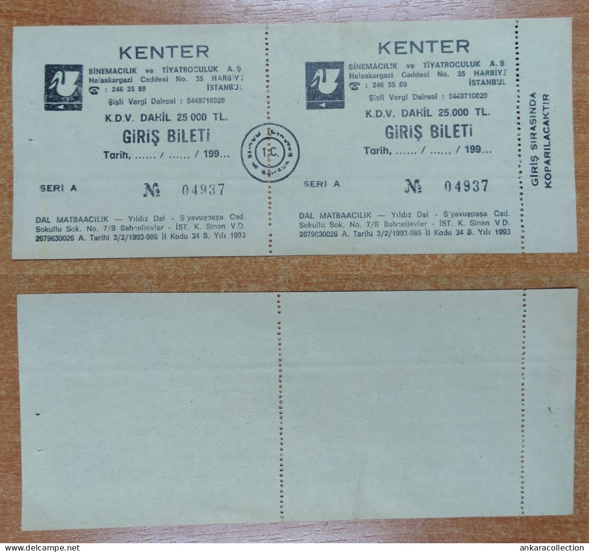 AC - KENTER  CINEMA & THEATER TICKET  1993  ISTANBUL TURKEY CONCERT TICKET WITH COUNTERFOIL - Concert Tickets