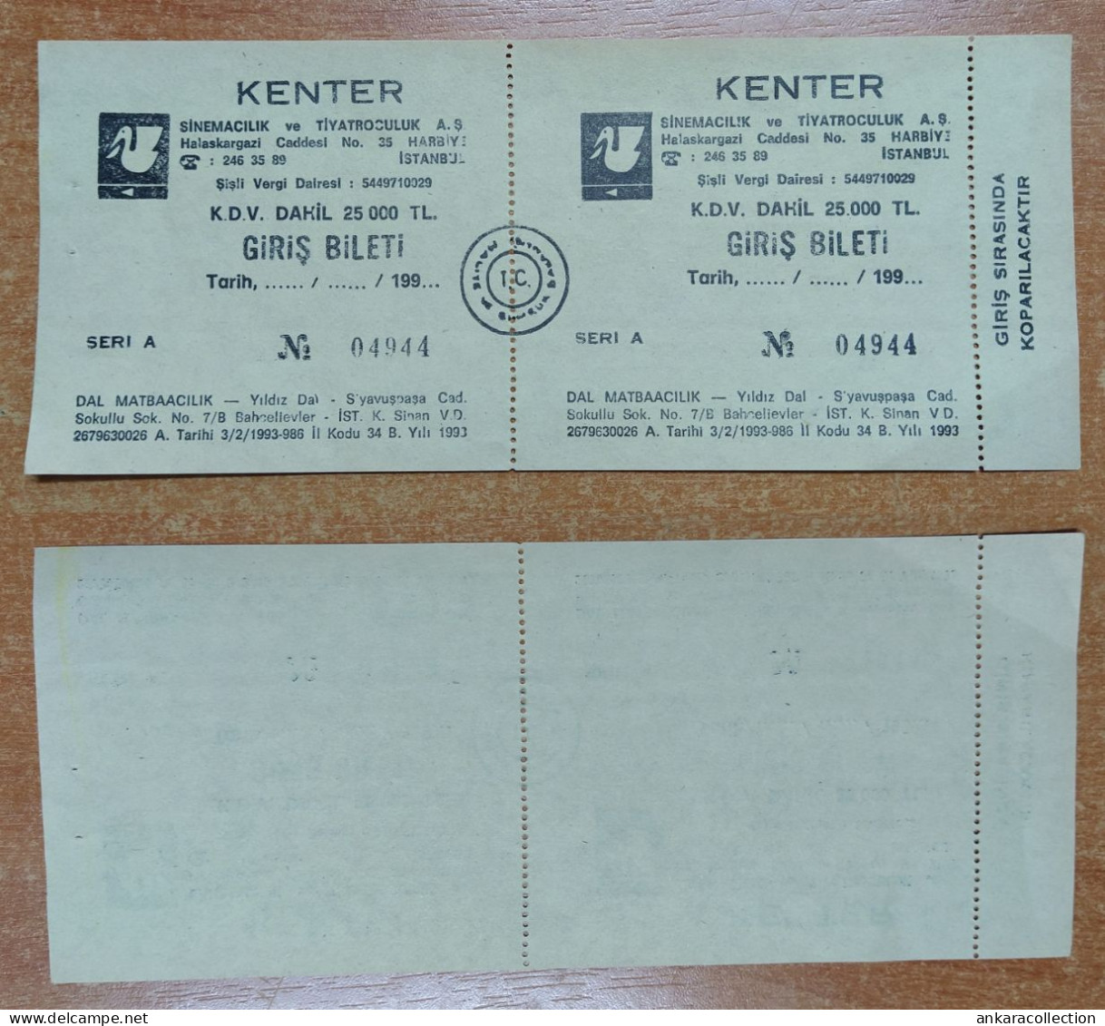 AC - KENTER  CINEMA & THEATER TICKET  1993  ISTANBUL TURKEY CONCERT TICKET WITH COUNTERFOIL - Concert Tickets