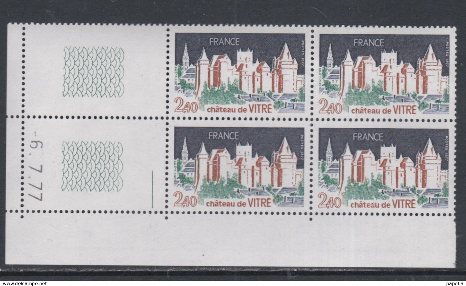 France N° 1949 XX Château De Vitré En Bloc De 4 Coin Daté Du 6 . 7 . 77 ; 1 Trait Sans Charnière, TB - 1970-1979