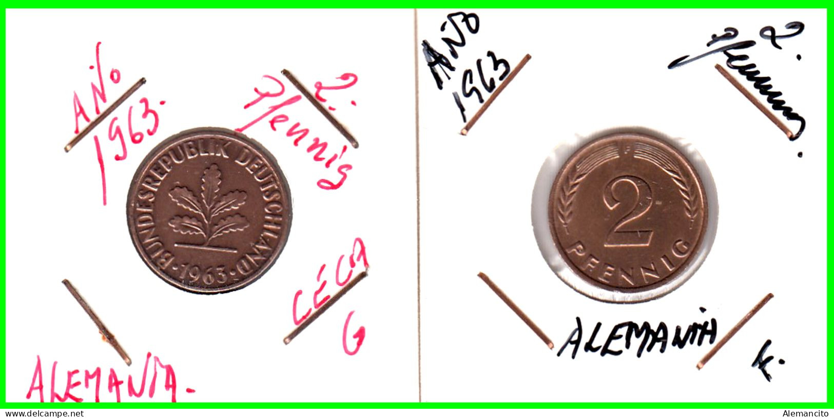 ALEMANIA – GERMANY - ( REPUBLICA FEDERAL ) 2 MONEDAS DE 2.- PFENNING . AÑO 1963  CECAS - F-G.KM-106 - 2 Pfennig