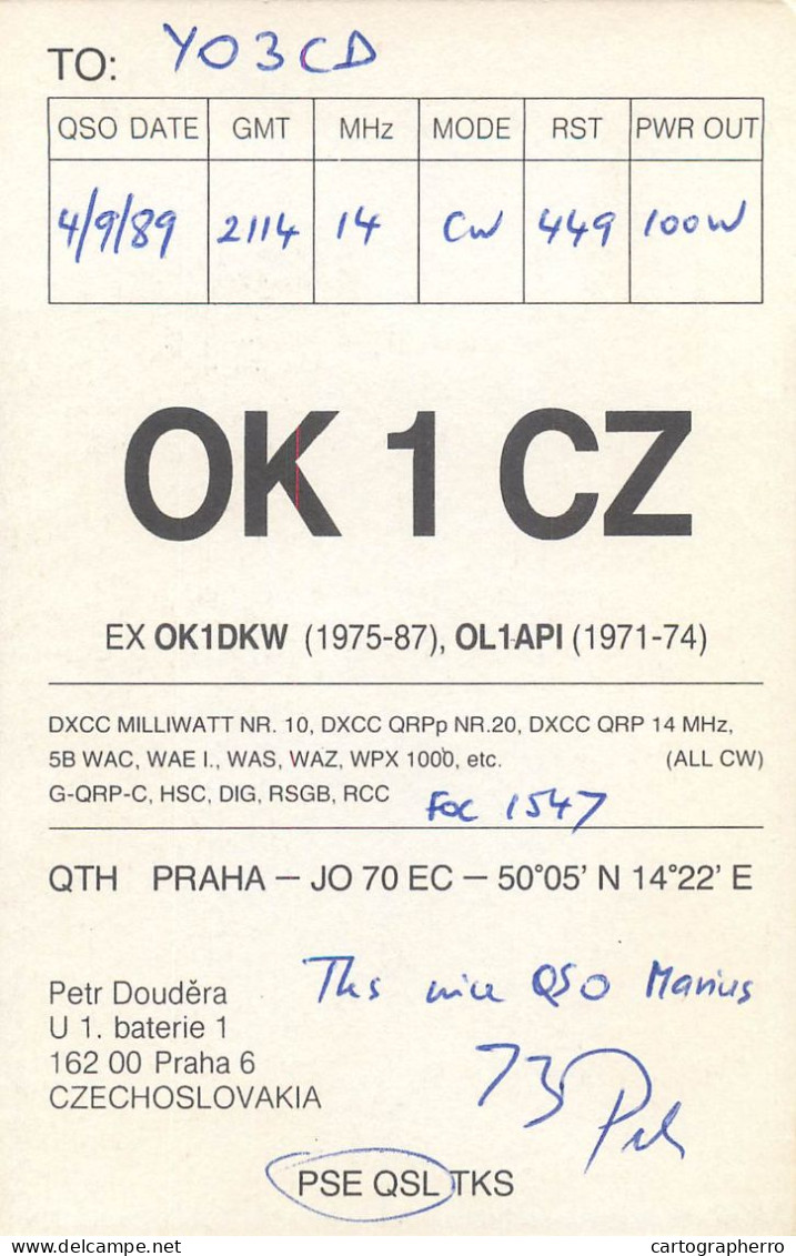 QSL Card Czechoslovakia Radio Amateur Station OK1CZ Y03CD 1989 Marius - Radio Amatoriale
