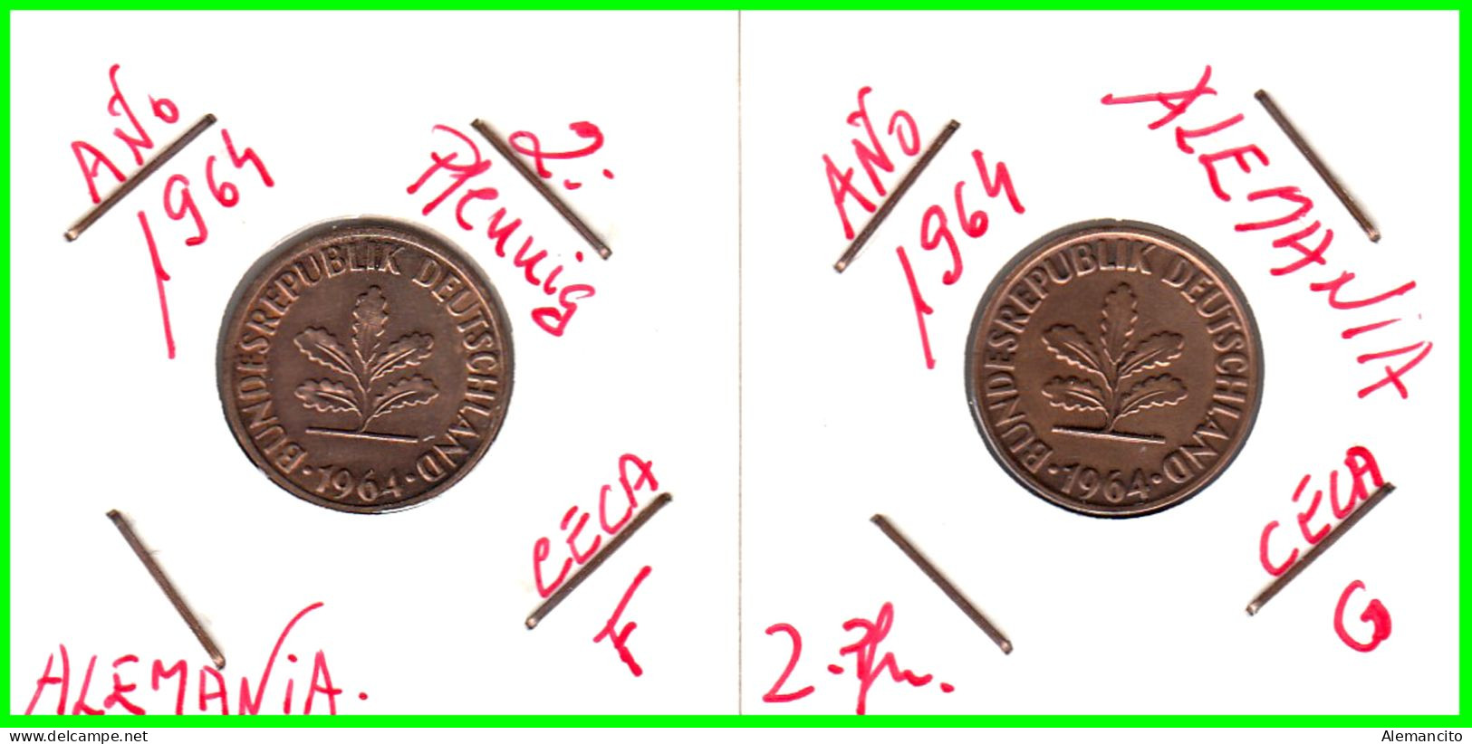 ALEMANIA – GERMANY - ( REPUBLICA FEDERAL ) 2 MONEDAS DE 2.- PFENNING . AÑO 1964  CECAS - F-G.KM-106 - 2 Pfennig