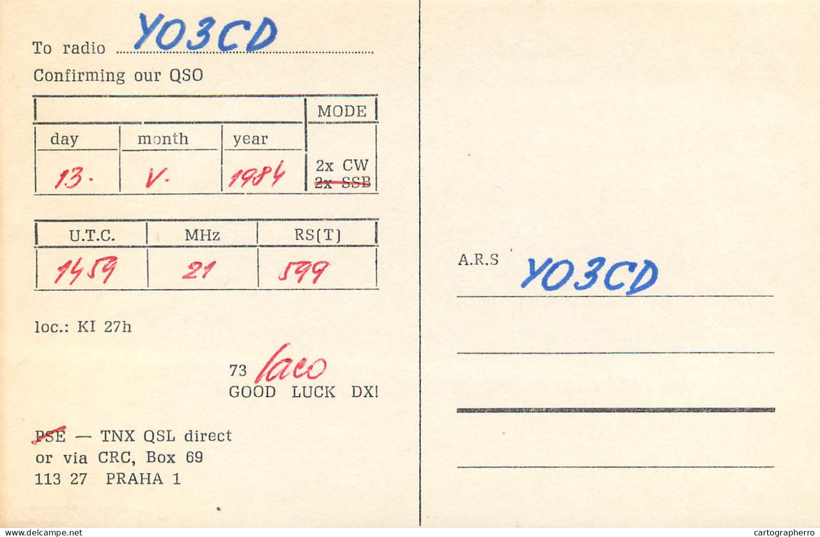 QSL Card Czechoslovakia Radio Amateur Station OK3KAG Y03CD 1984 Laco - Radio Amateur