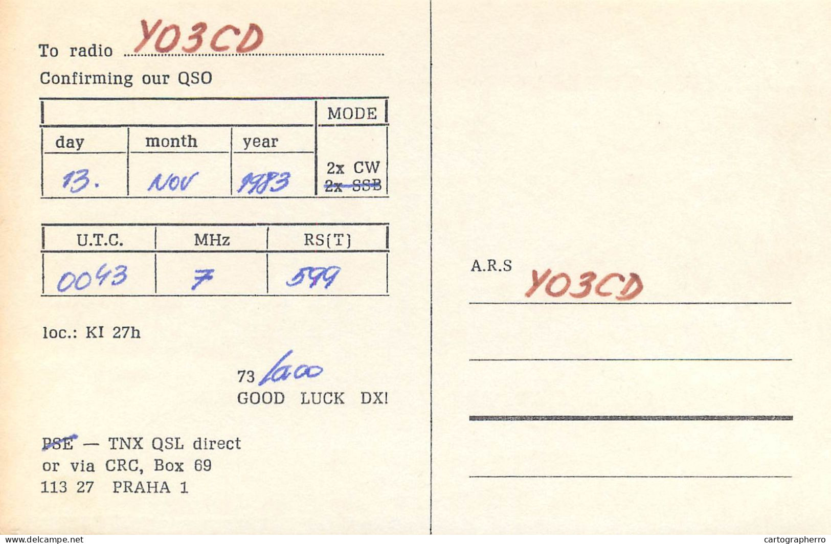 QSL Card Czechoslovakia Radio Amateur Station OK3KAG Y03CD 1983 Laco - Radio Amateur