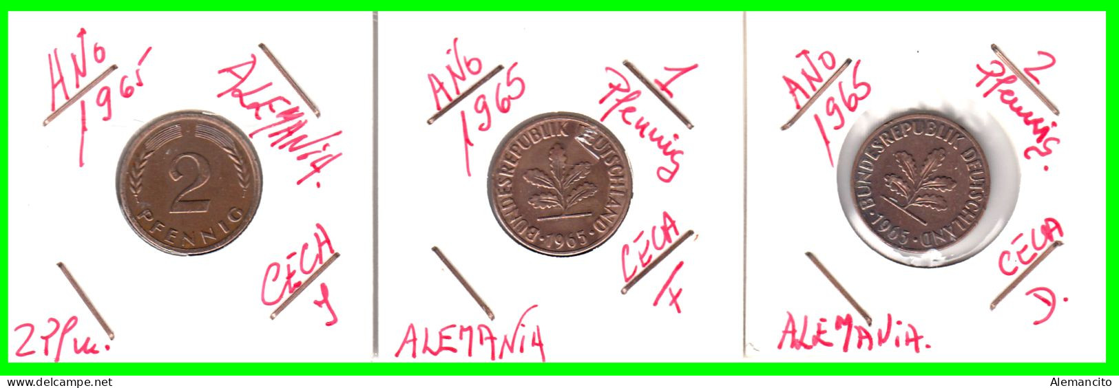 ALEMANIA – GERMANY - ( REPUBLICA FEDERAL ) 3 MONEDAS DE 2.- PFENNING . AÑO 1965  CECAS - D-F-J. - 2 Pfennig