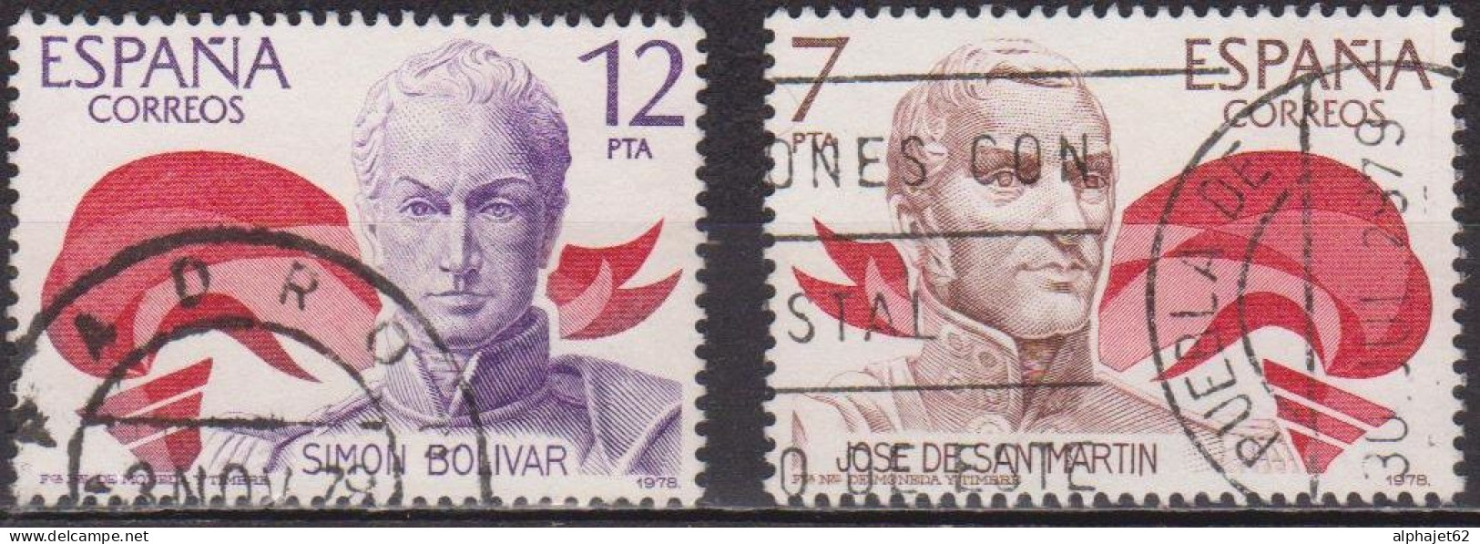 Généraux Simon Bolivar Et San Martin - ESPAGNE - Libérateurs De L'Amérique Du Sud - N° 2135-2136 - 1978 - Usati