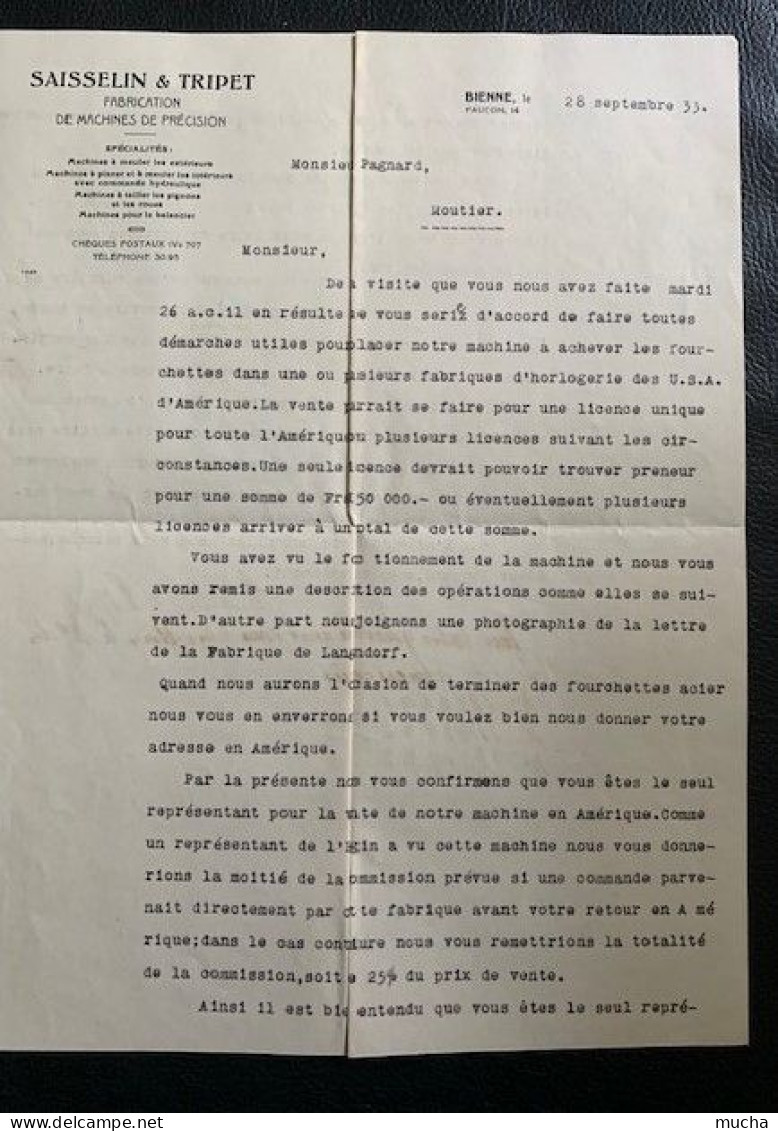 70122 - Lettre Saisselin Et Tripet Fabrication De Machines De Précision Bienne 28.09.1933 Demande De Représentation USA - Svizzera