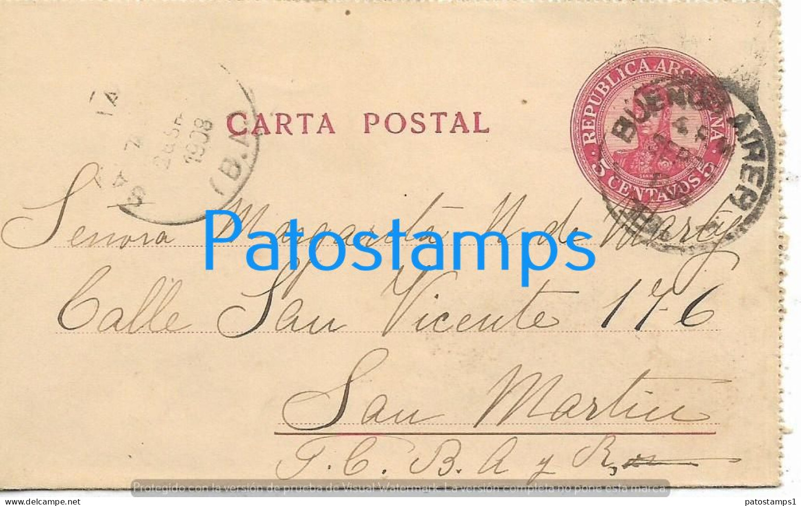 225687 ARGENTINA BUENOS AIRES CANCEL YEAR 1908 CIRCULATED TO SAN MARTIN POSTAL STATIONERY NOPOSTCARD - Postwaardestukken