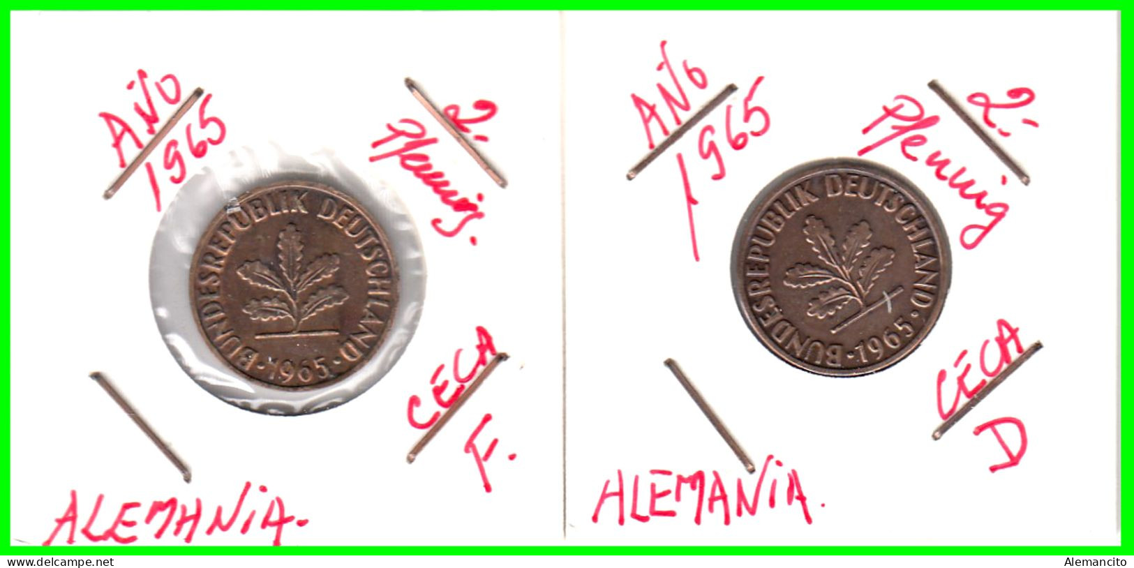 ALEMANIA – GERMANY - ( REPUBLICA FEDERAL ) 2 MONEDAS DE 2.- PFENNING . AÑO 1965  CECAS - D-F.. - 2 Pfennig