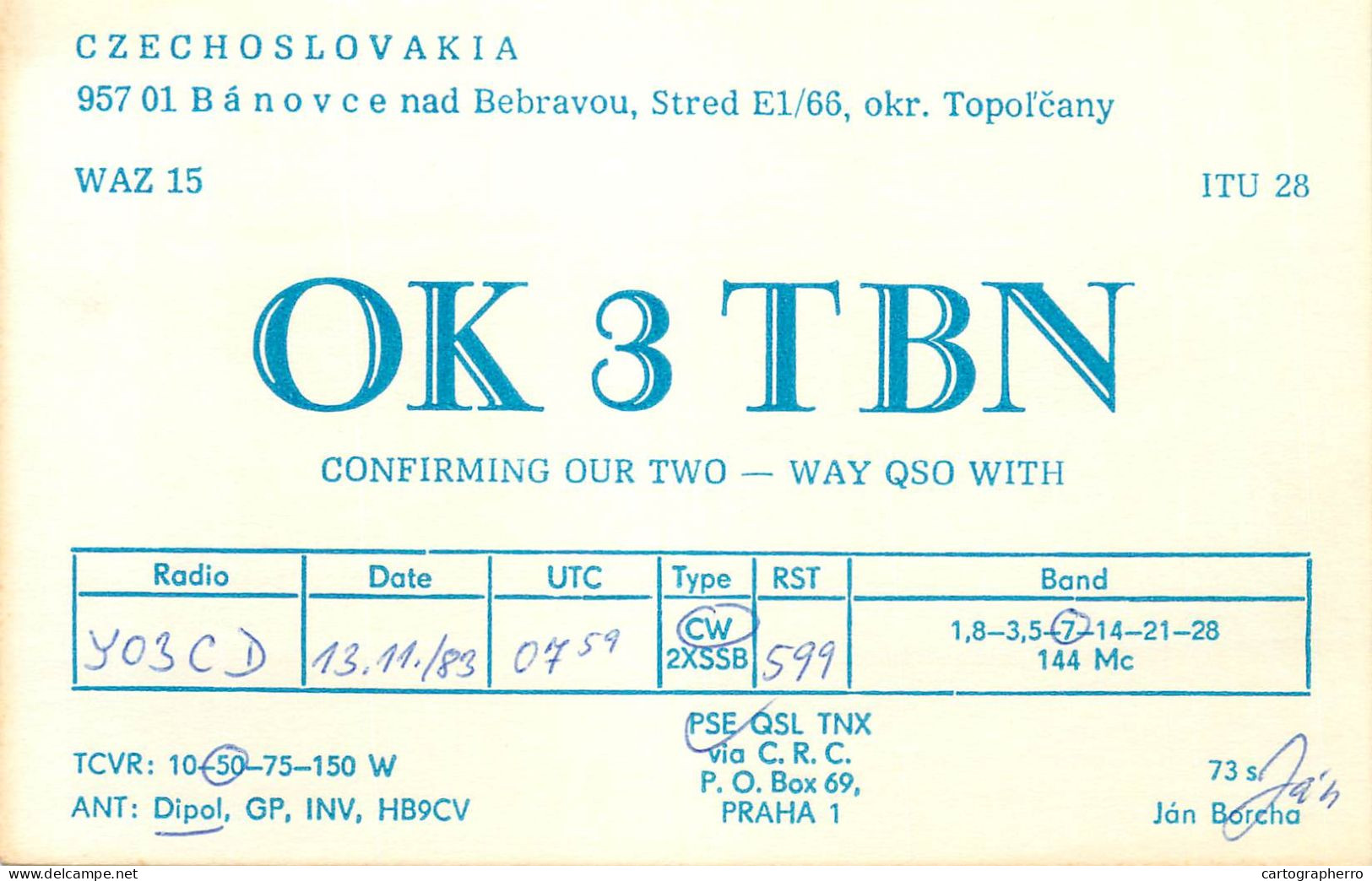 QSL Card Czechoslovakia Radio Amateur Station OK3TBN Y03CD 1983 Jan Borcha - Radio Amateur