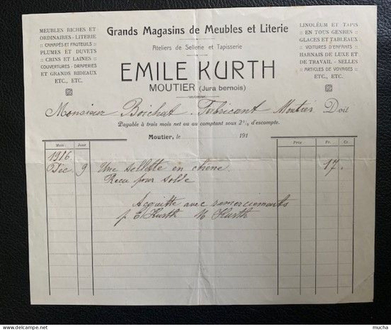 70126 - Facture Emile Kurth Grans Magasins De Meubles Et Literie Moutier 09.12.1916 - Suisse